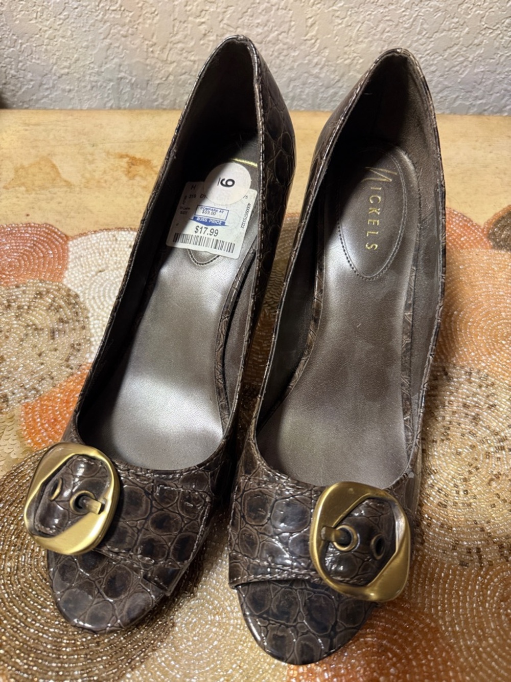 Nickels Dark Brown Croc-Embossed Heels with Gold Buckle